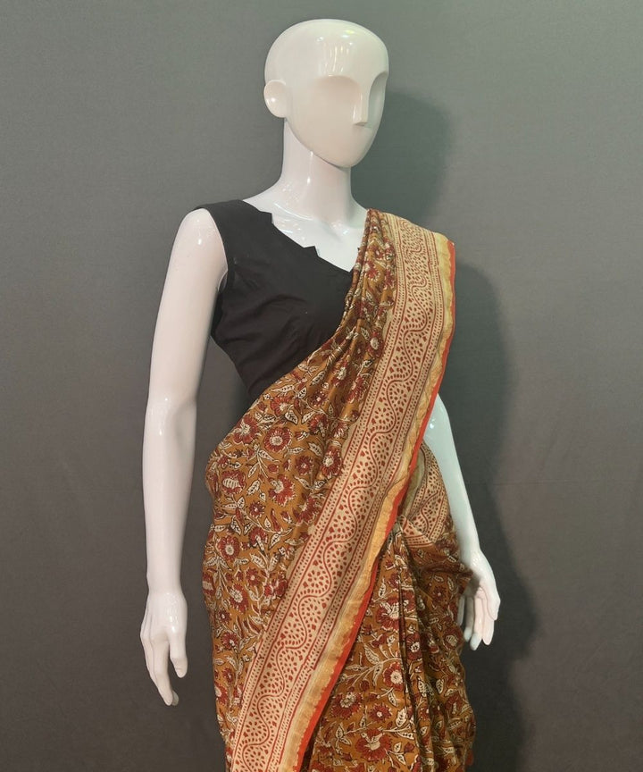 Olive green hand block printed chanderi silk saree