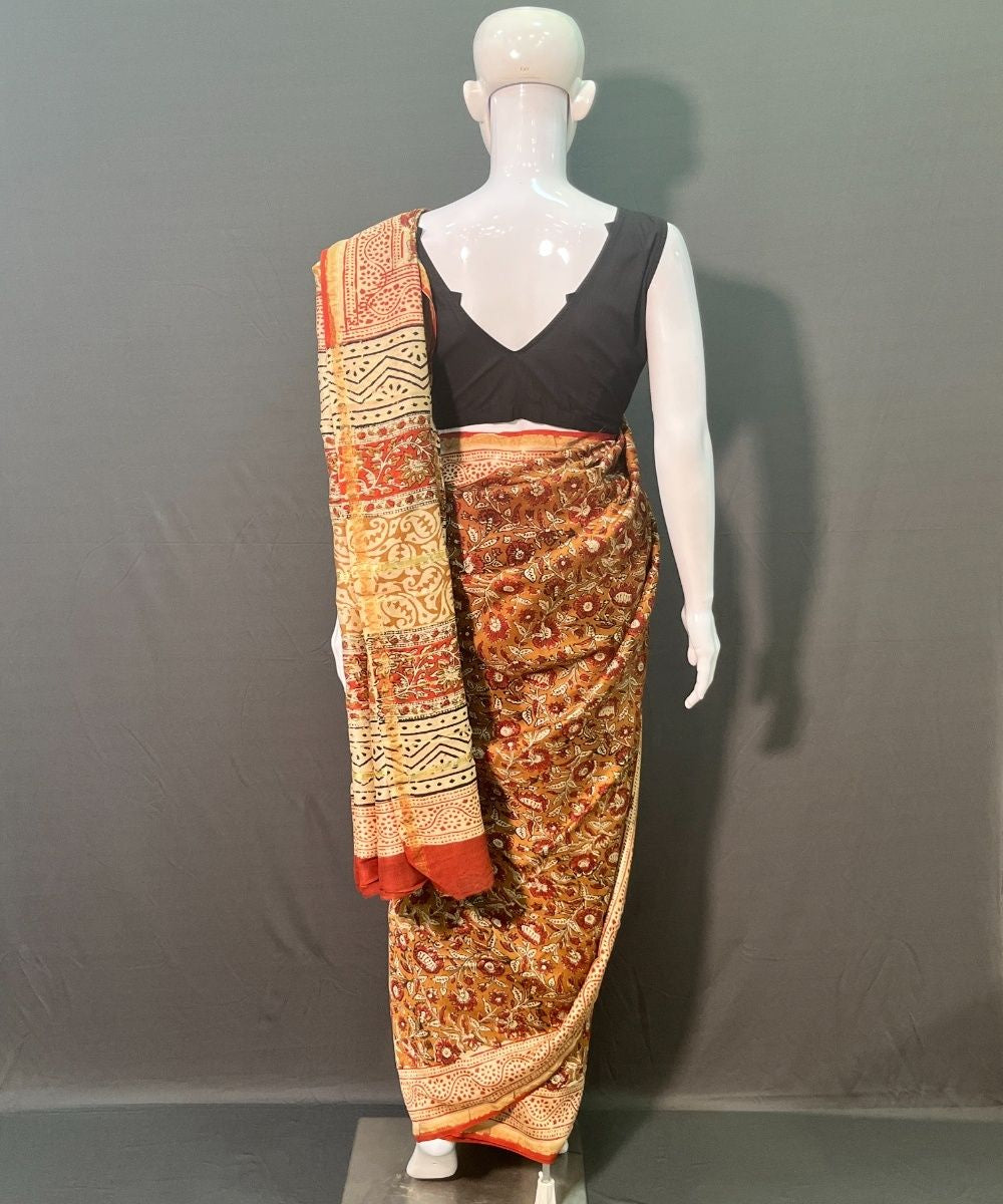 Olive green hand block printed chanderi silk saree