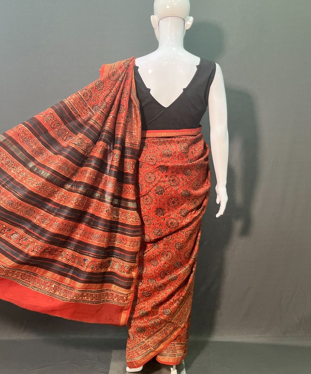 Red ajrakh hand block printed chanderi silk saree