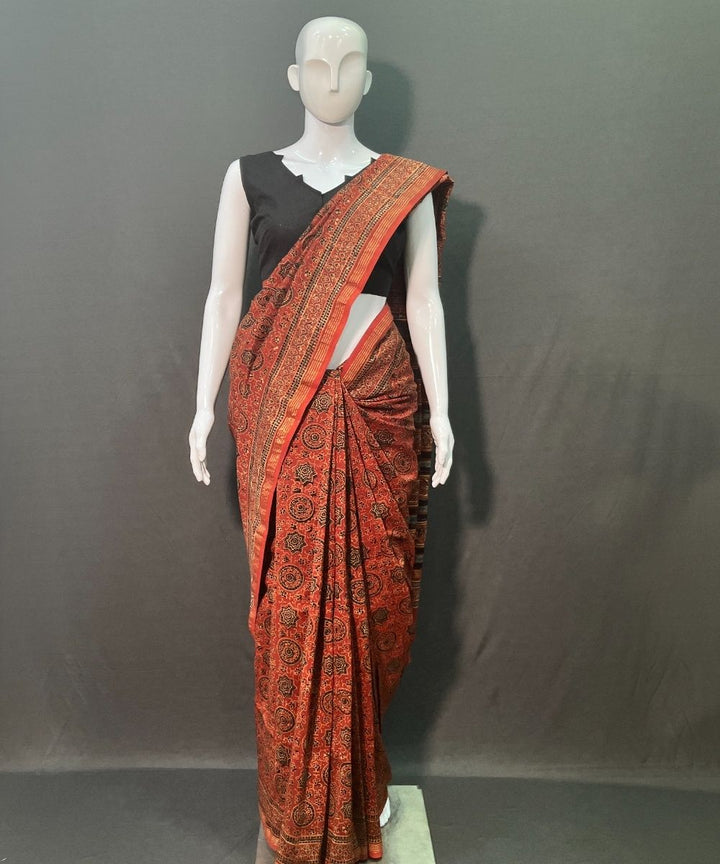 Red ajrakh hand block printed chanderi silk saree