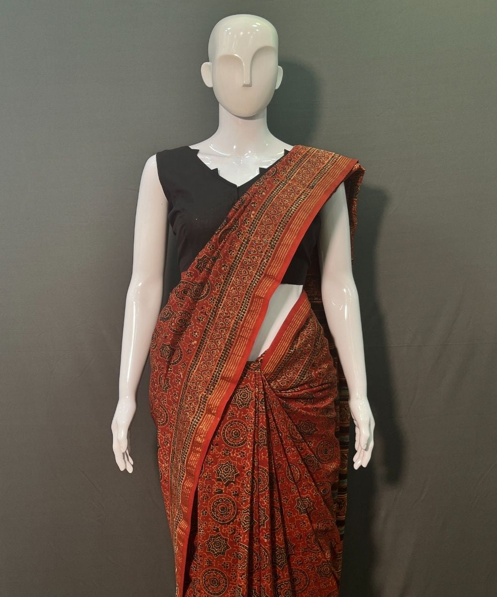 Red ajrakh hand block printed chanderi silk saree