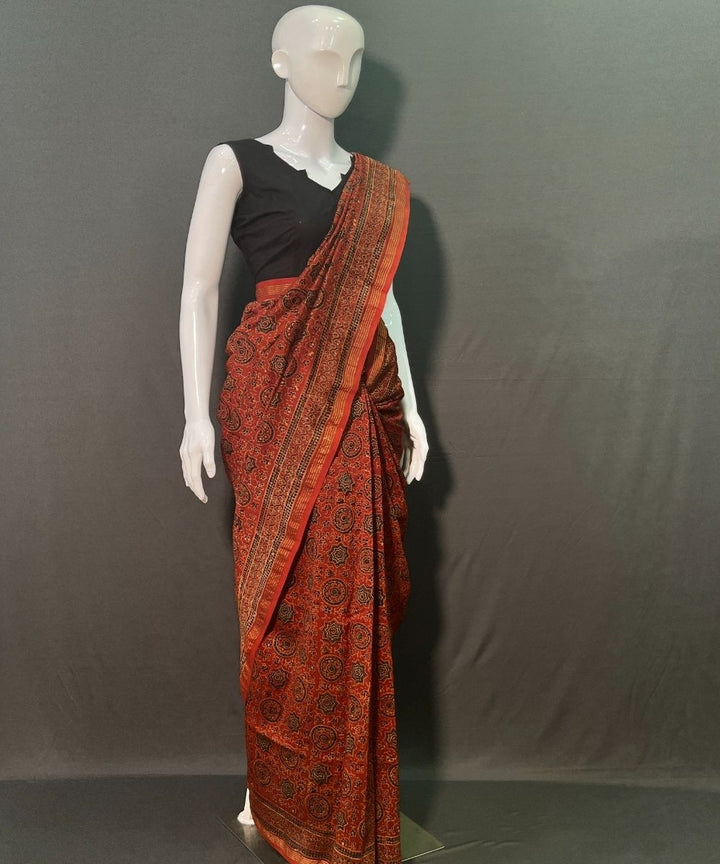 Red ajrakh hand block printed chanderi silk saree