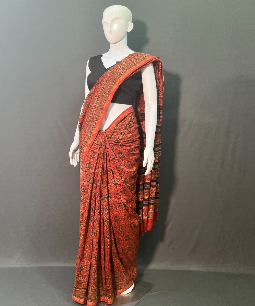 Red ajrakh hand block printed chanderi silk saree