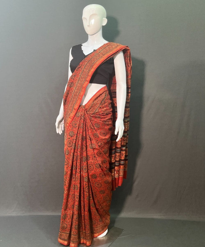 Red ajrakh hand block printed chanderi silk saree