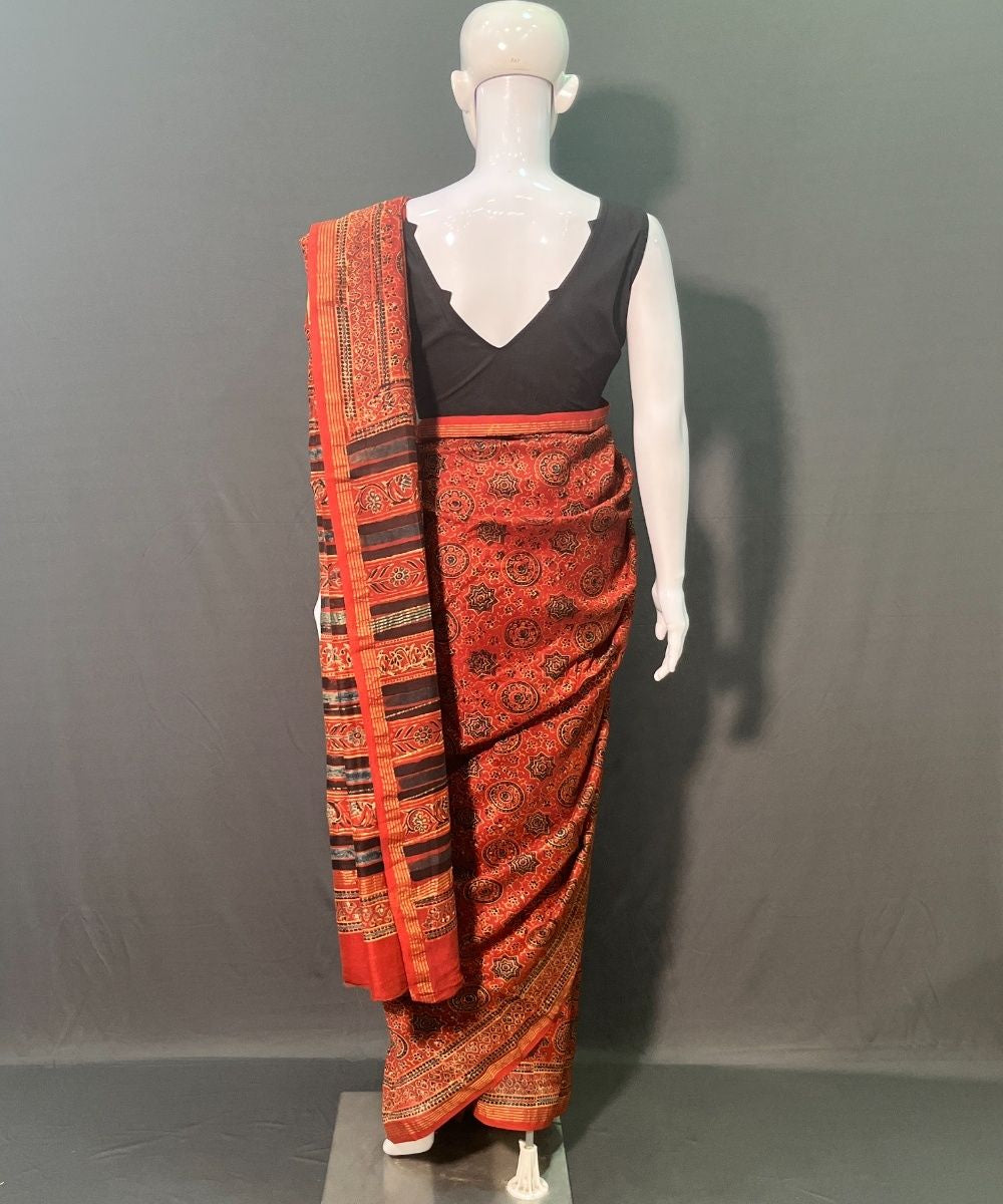 Red ajrakh hand block printed chanderi silk saree