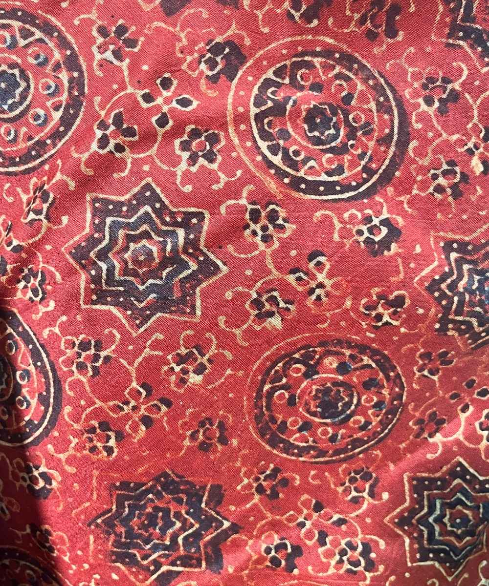 Red ajrakh hand block printed chanderi silk saree