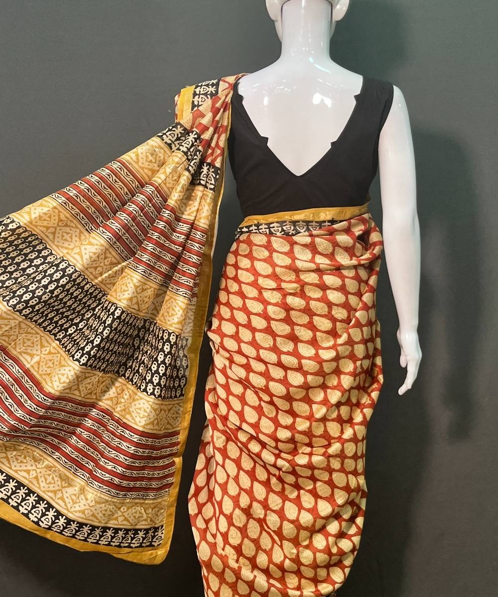 Red white hand block printed chanderi silk saree