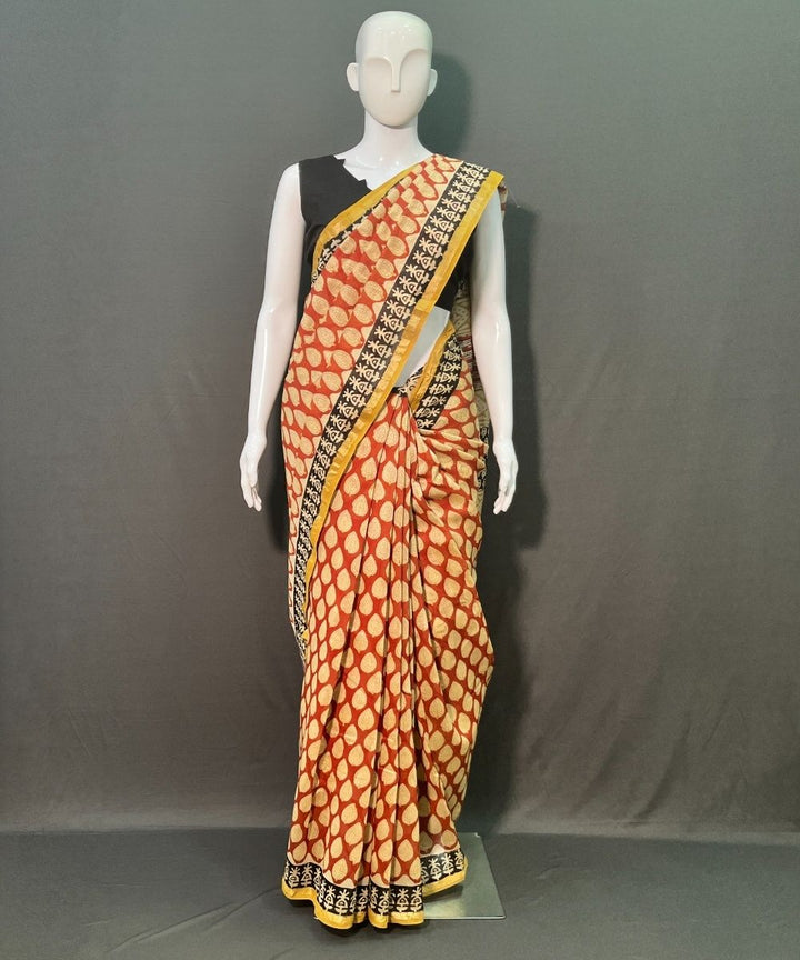 Red white hand block printed chanderi silk saree