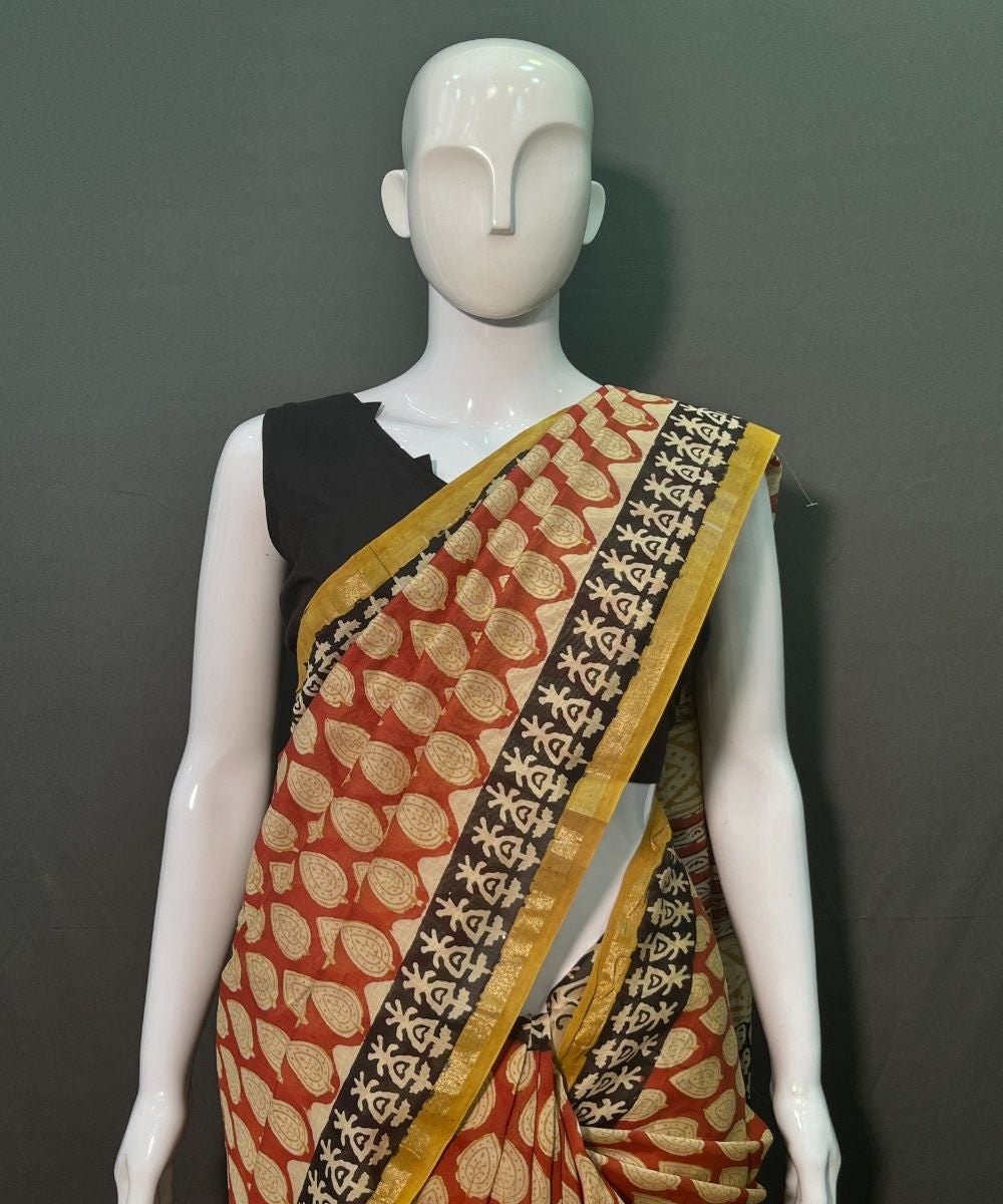 Red white hand block printed chanderi silk saree