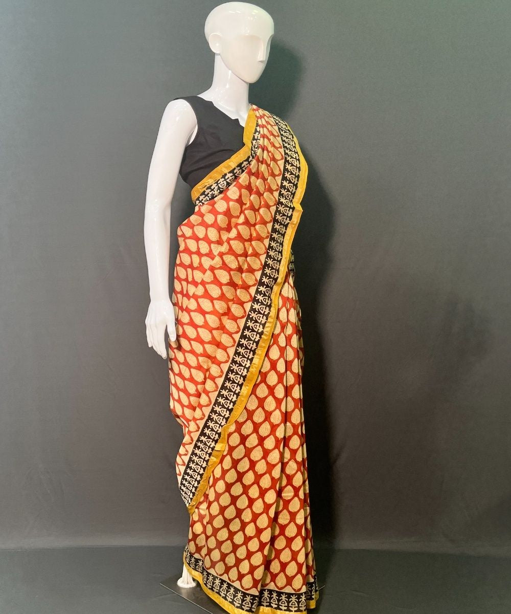 Red white hand block printed chanderi silk saree