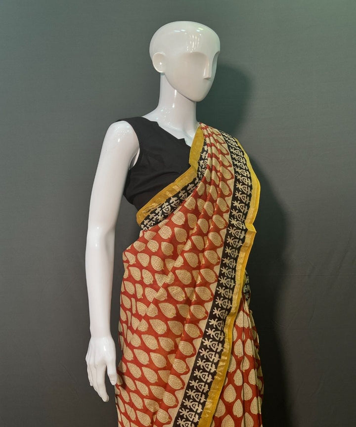 Red white hand block printed chanderi silk saree