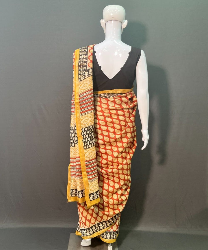Red white hand block printed chanderi silk saree