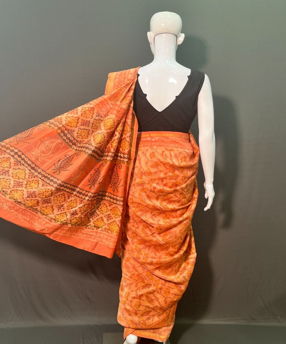 Orange hand block printed chanderi silk saree