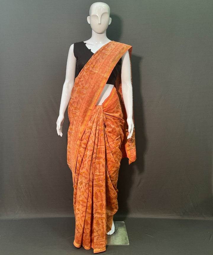 Orange hand block printed chanderi silk saree