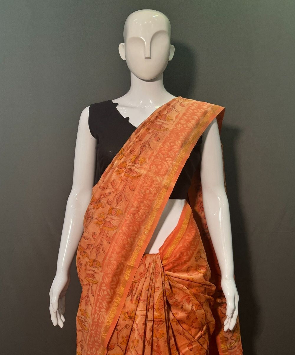 Orange hand block printed chanderi silk saree