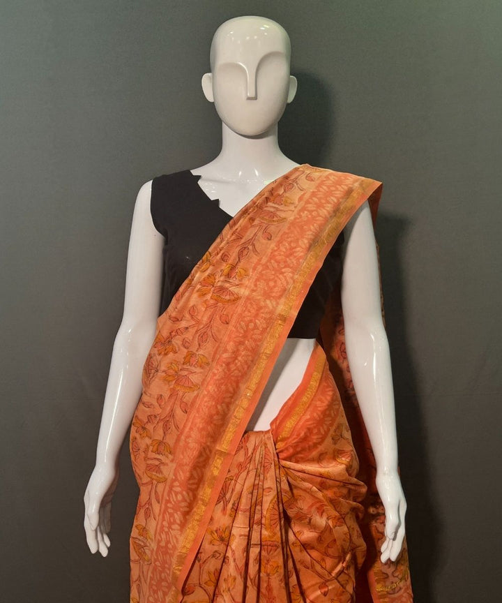 Orange hand block printed chanderi silk saree