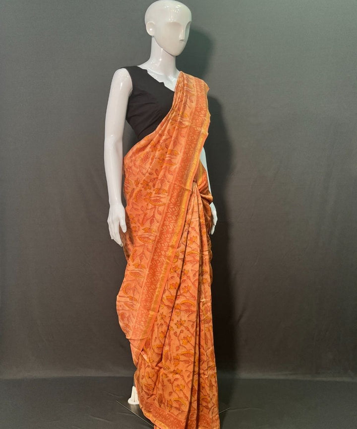 Orange hand block printed chanderi silk saree
