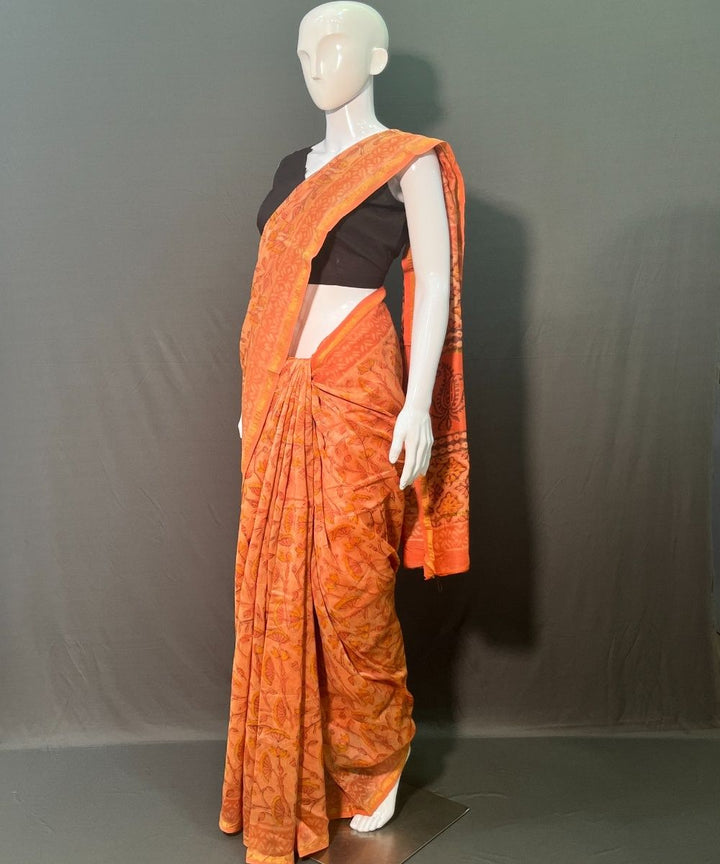 Orange hand block printed chanderi silk saree