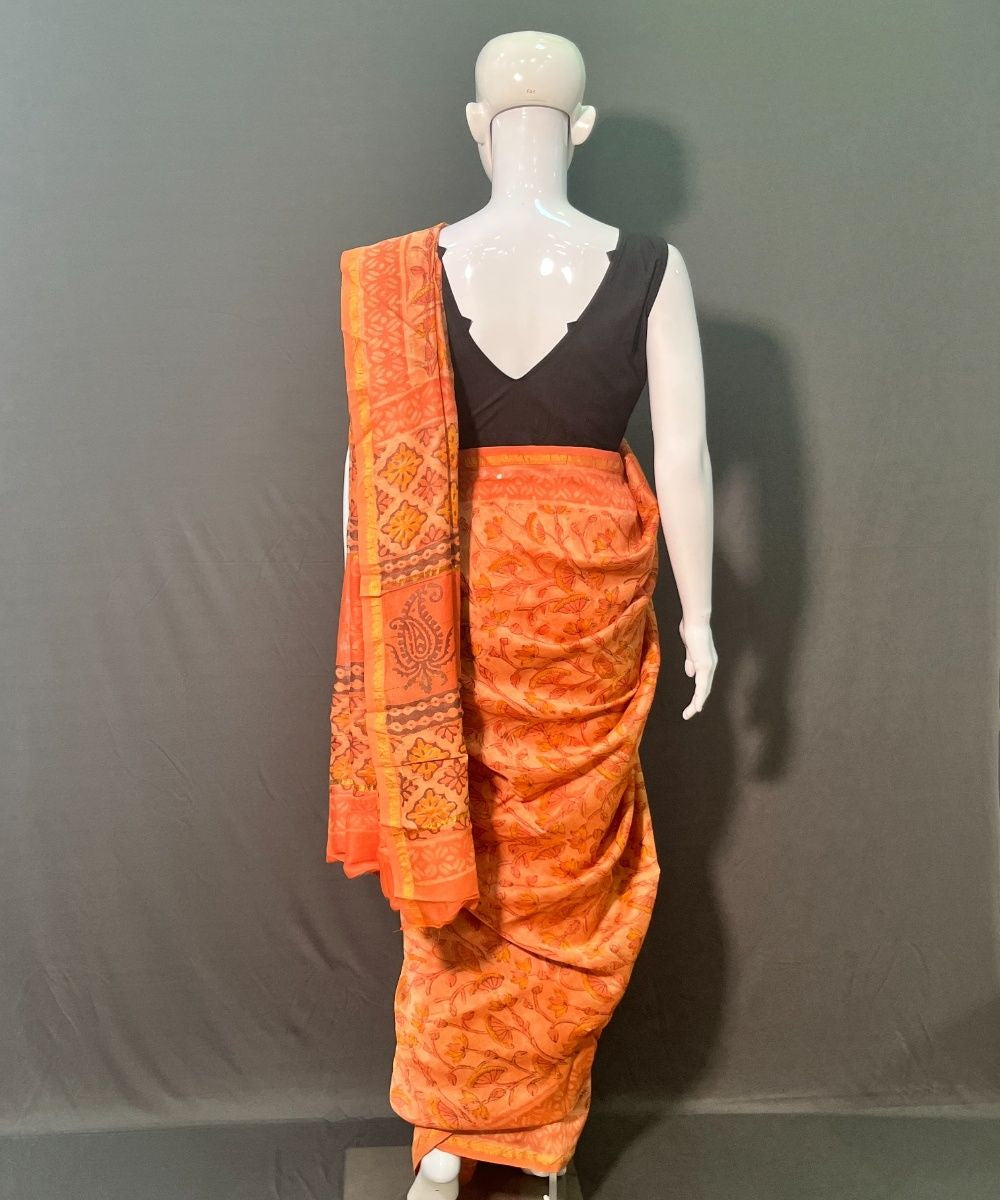 Orange hand block printed chanderi silk saree