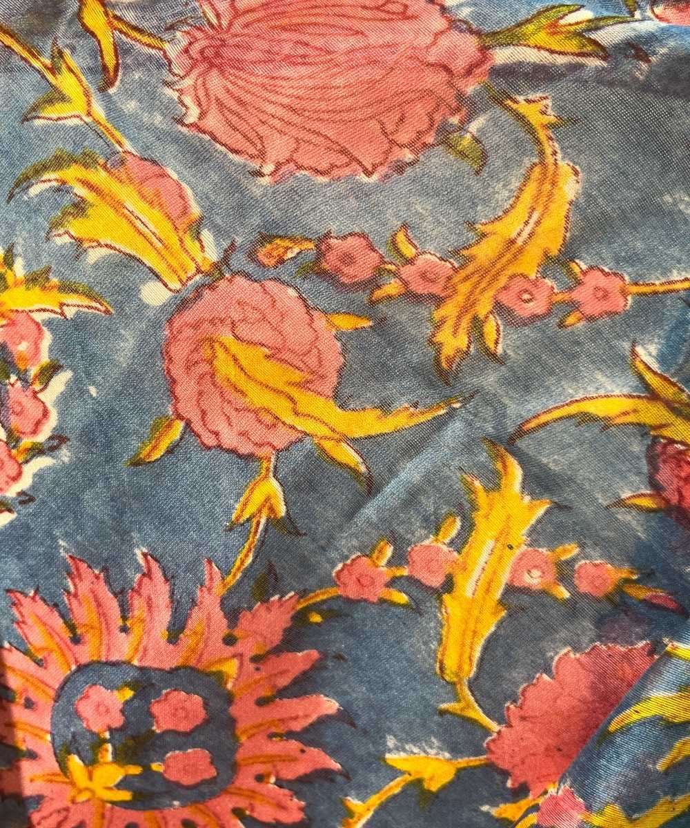 Indigo brown hand block printed chanderi silk saree
