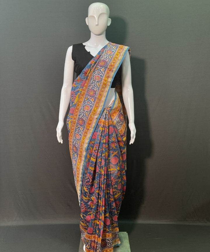 Indigo brown hand block printed chanderi silk saree
