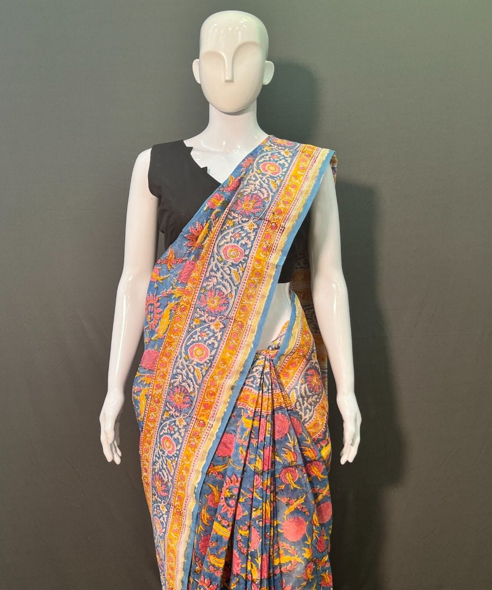 Indigo brown hand block printed chanderi silk saree