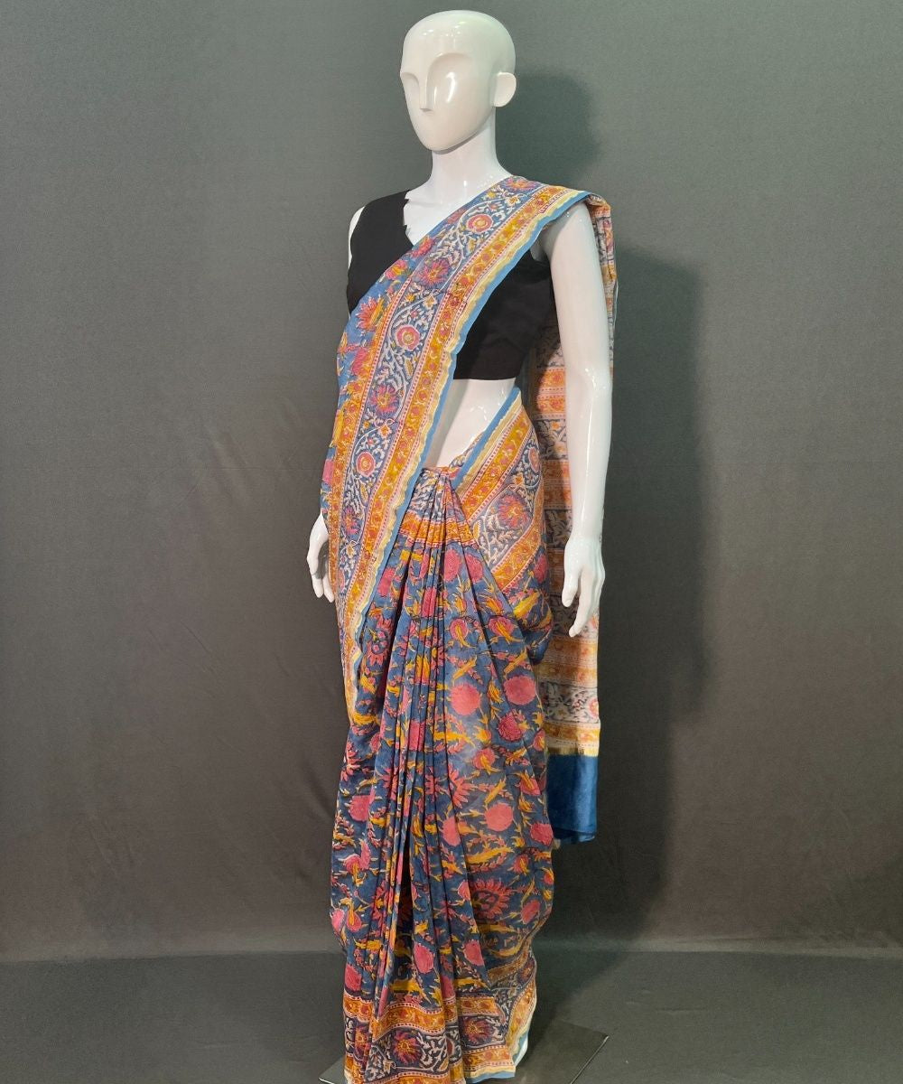 Indigo brown hand block printed chanderi silk saree