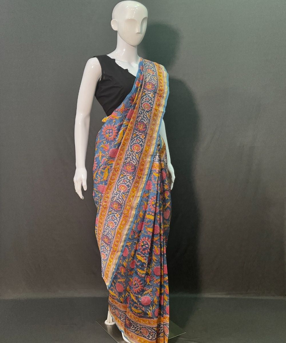 Indigo brown hand block printed chanderi silk saree
