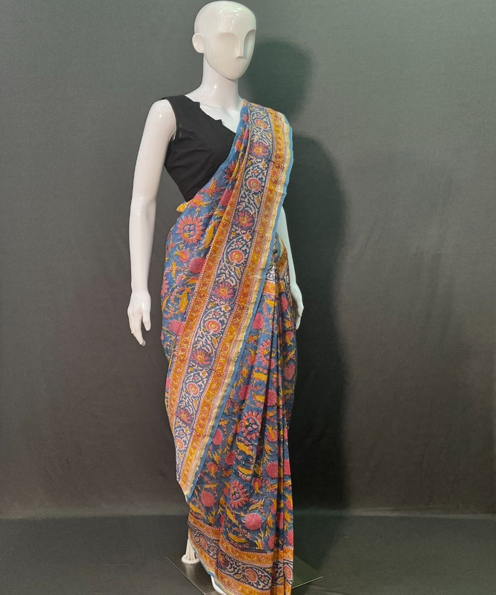 Indigo brown hand block printed chanderi silk saree