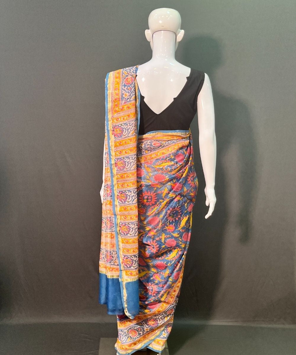 Indigo brown hand block printed chanderi silk saree