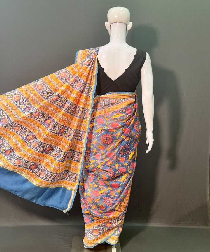 Indigo brown hand block printed chanderi silk saree