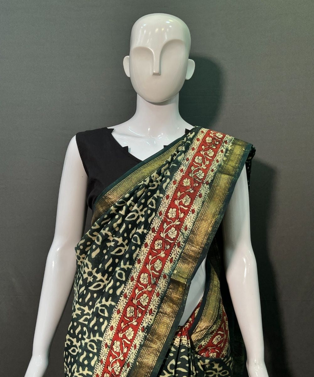 Green hand block sanganeri printed maheswari silk saree
