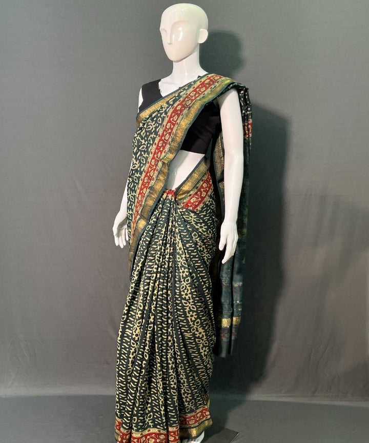 Green hand block sanganeri printed maheswari silk saree