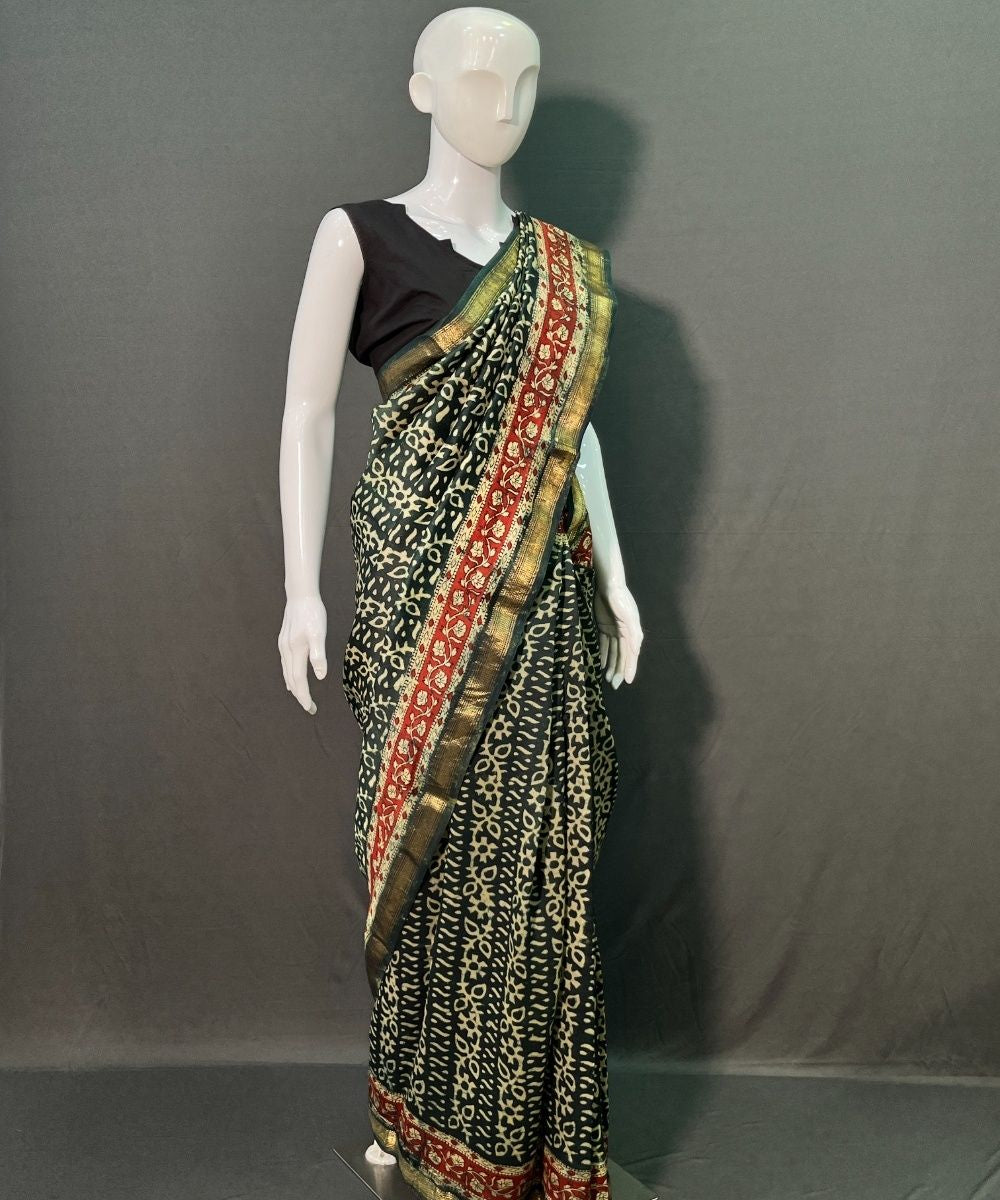 Green hand block sanganeri printed maheswari silk saree