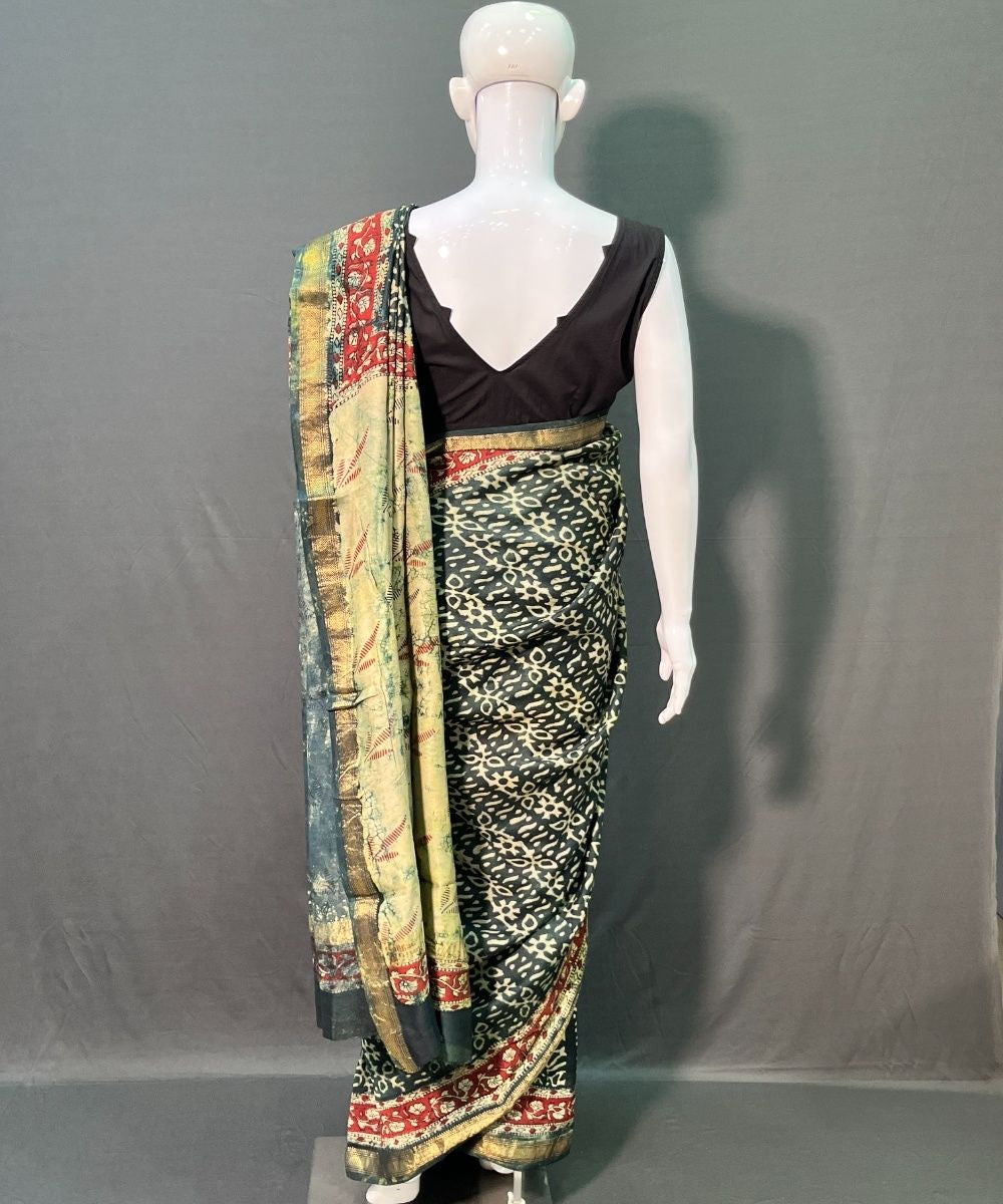 Green hand block sanganeri printed maheswari silk saree
