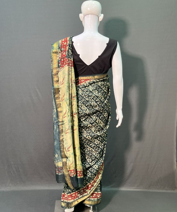 Green hand block sanganeri printed maheswari silk saree