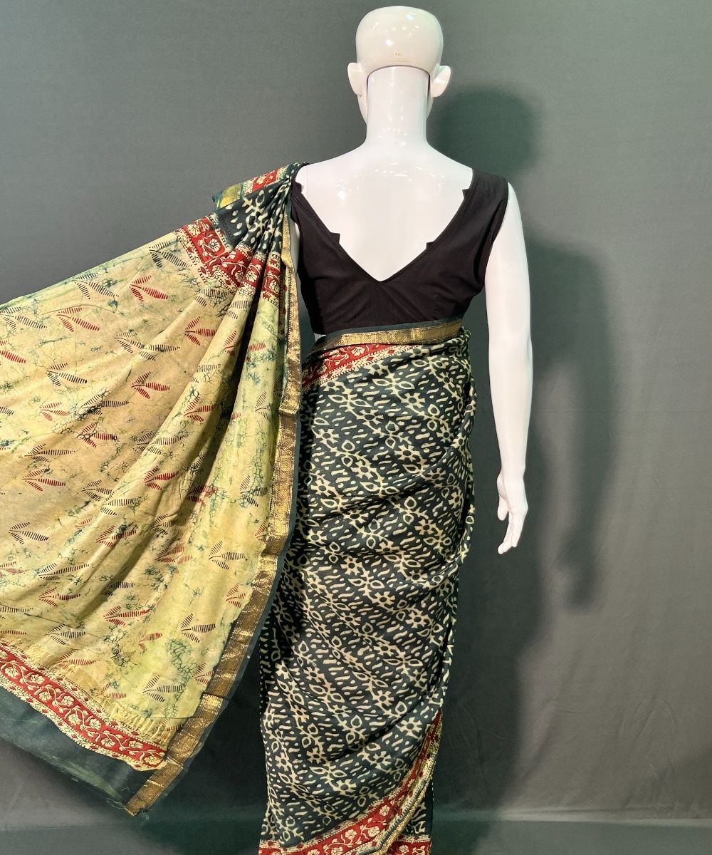 Green hand block sanganeri printed maheswari silk saree