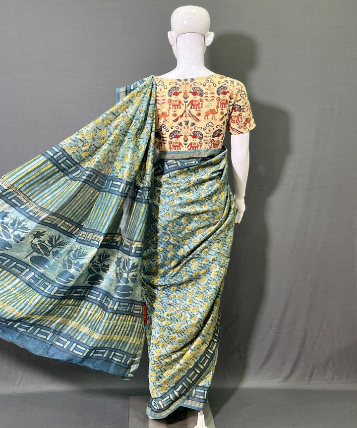 Multicolor ajrakh hand block printed chanderi silk saree