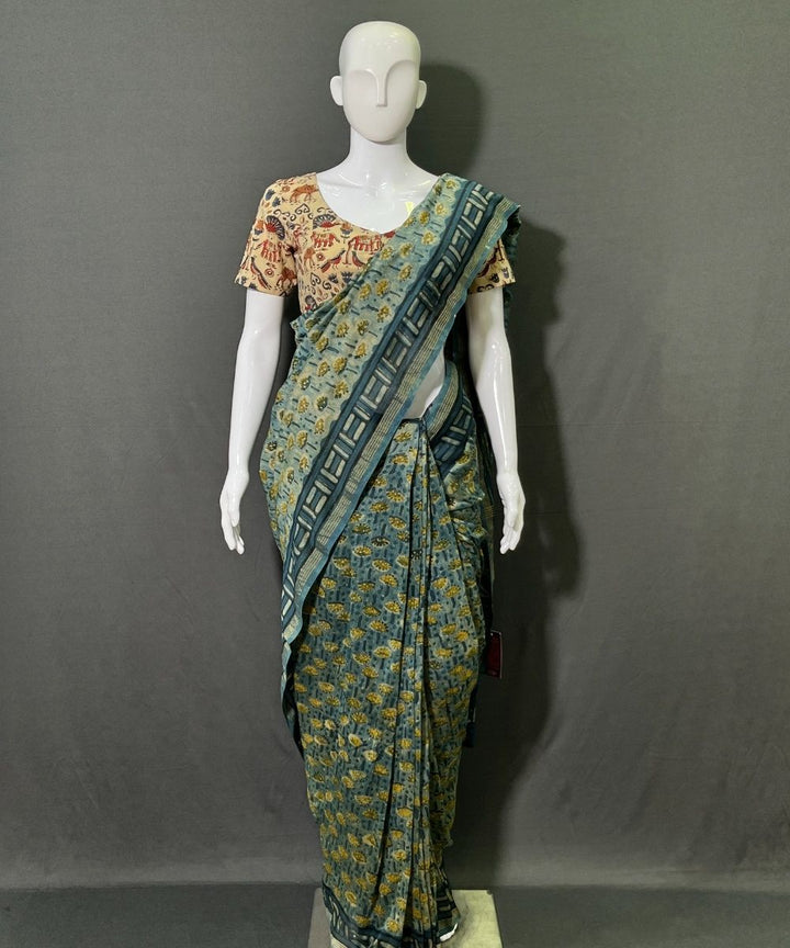 Multicolor ajrakh hand block printed chanderi silk saree