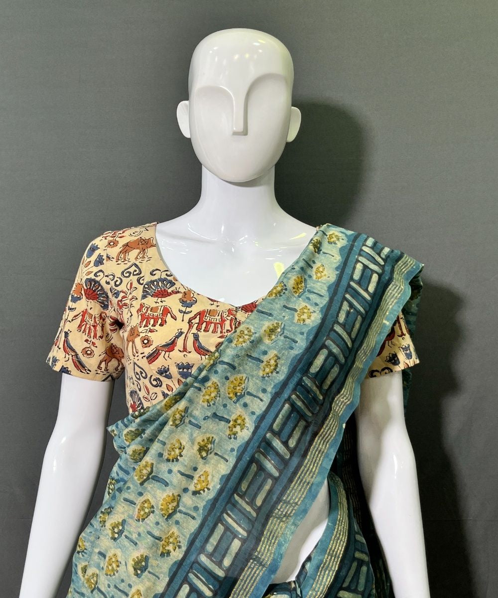Multicolor ajrakh hand block printed chanderi silk saree