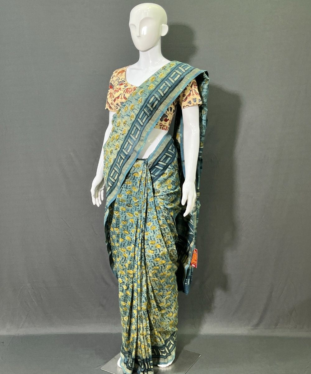 Multicolor ajrakh hand block printed chanderi silk saree