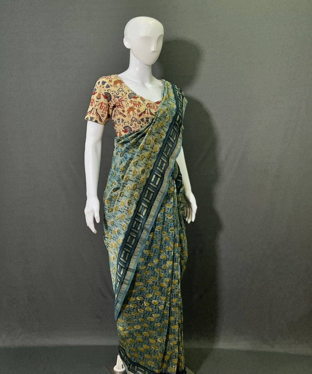Multicolor ajrakh hand block printed chanderi silk saree