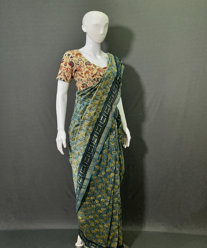 Multicolor ajrakh hand block printed chanderi silk saree