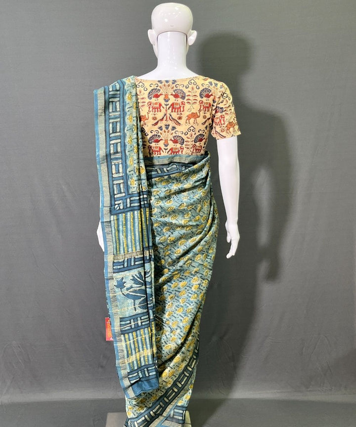 Multicolor ajrakh hand block printed chanderi silk saree