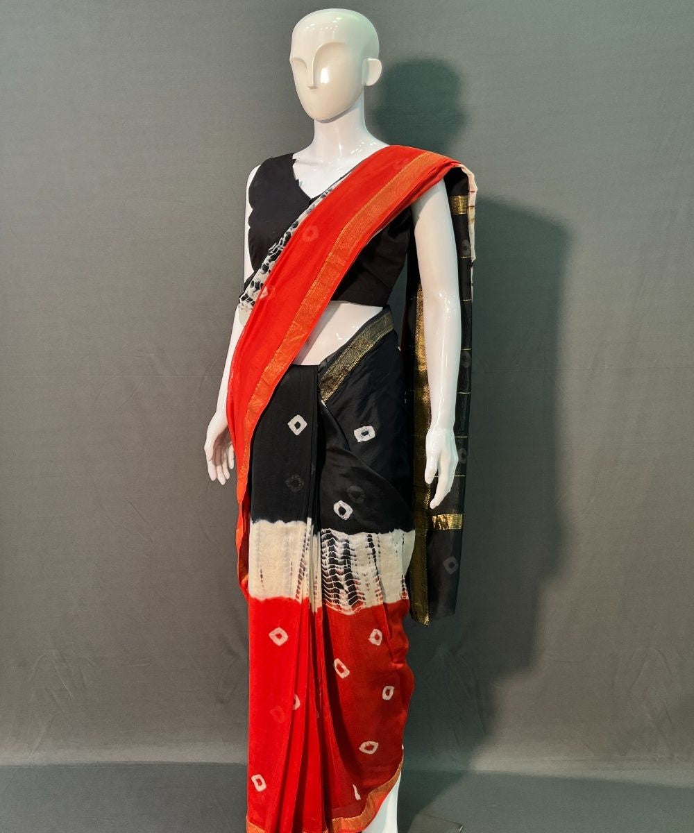 Multicolor hand block bandhni printed maheswari silk saree