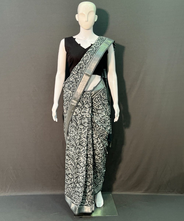 Indigo hand block printed cotton linen saree