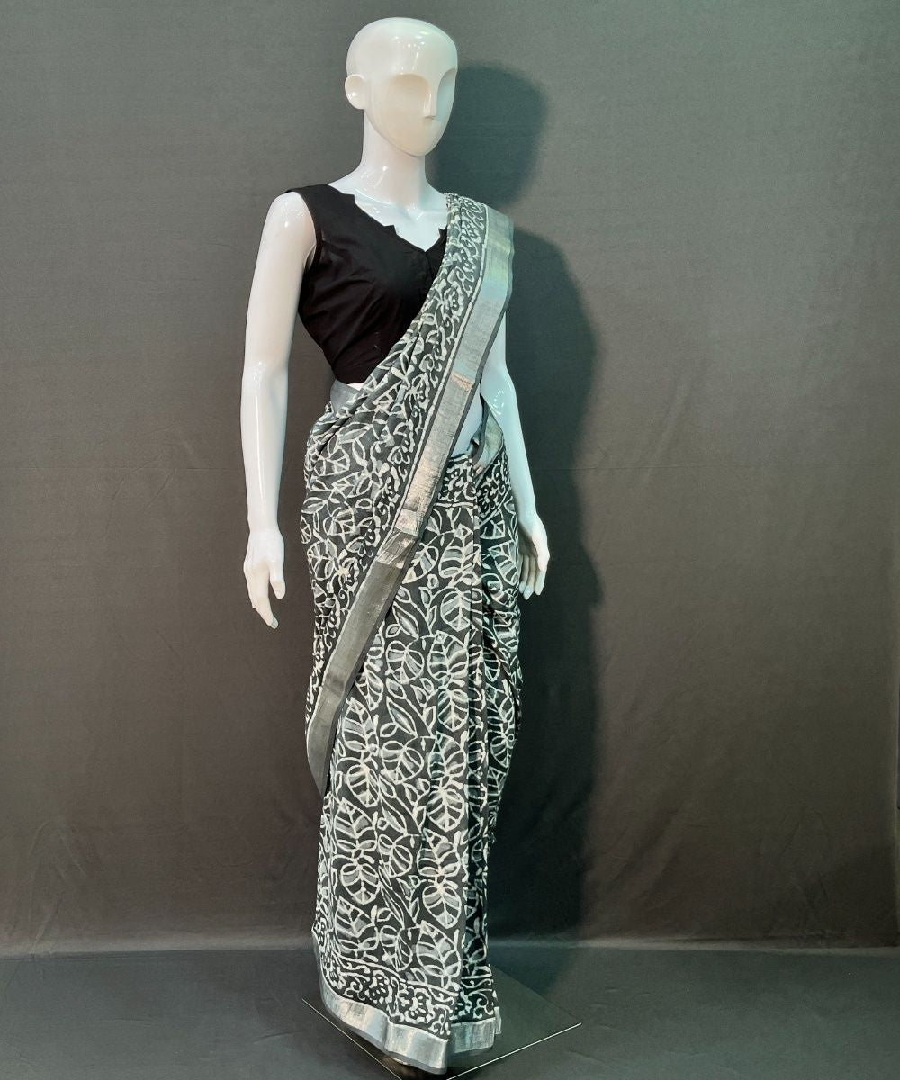 Indigo hand block printed cotton linen saree