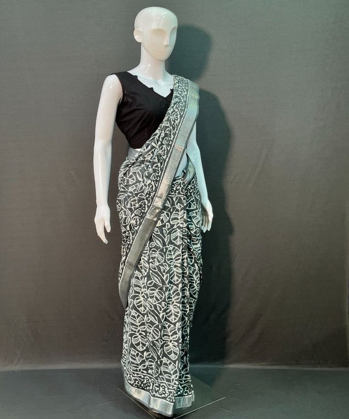 Indigo hand block printed cotton linen saree