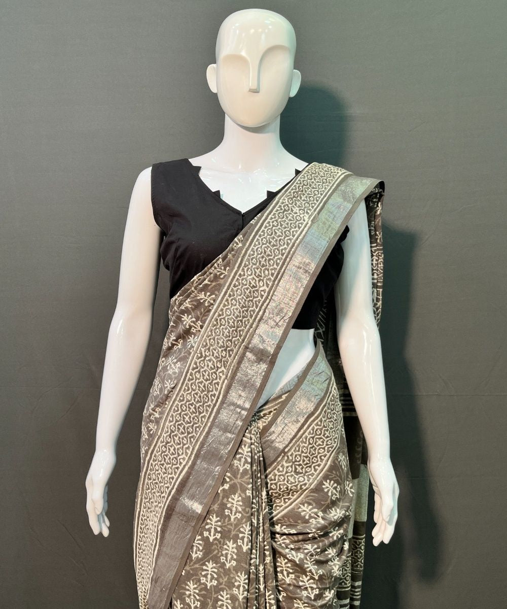 Brown hand block printed linen cotton saree