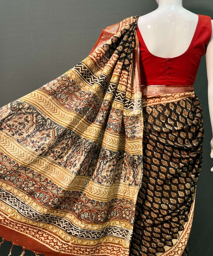 Black red hand block printed cotton linen saree